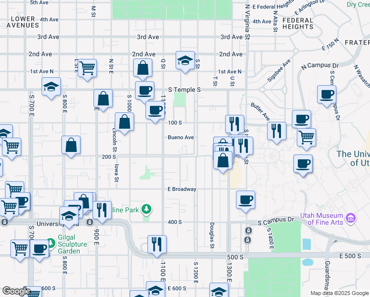 map of restaurants, bars, coffee shops, grocery stores, and more near 1147 East 200 South in Salt Lake City