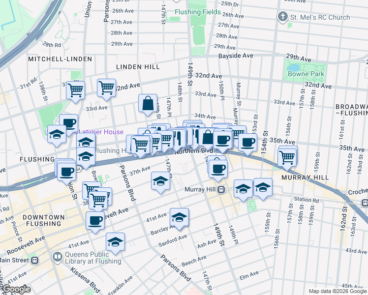 map of restaurants, bars, coffee shops, grocery stores, and more near 148-09 Northern Boulevard in Queens