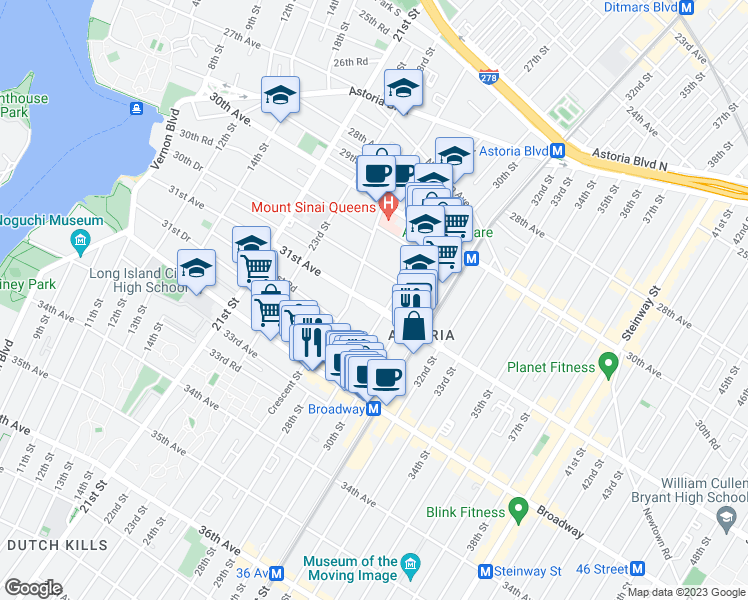 map of restaurants, bars, coffee shops, grocery stores, and more near in Queens