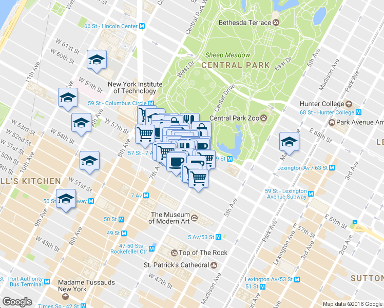 map of restaurants, bars, coffee shops, grocery stores, and more near 129 West 58th Street in New York
