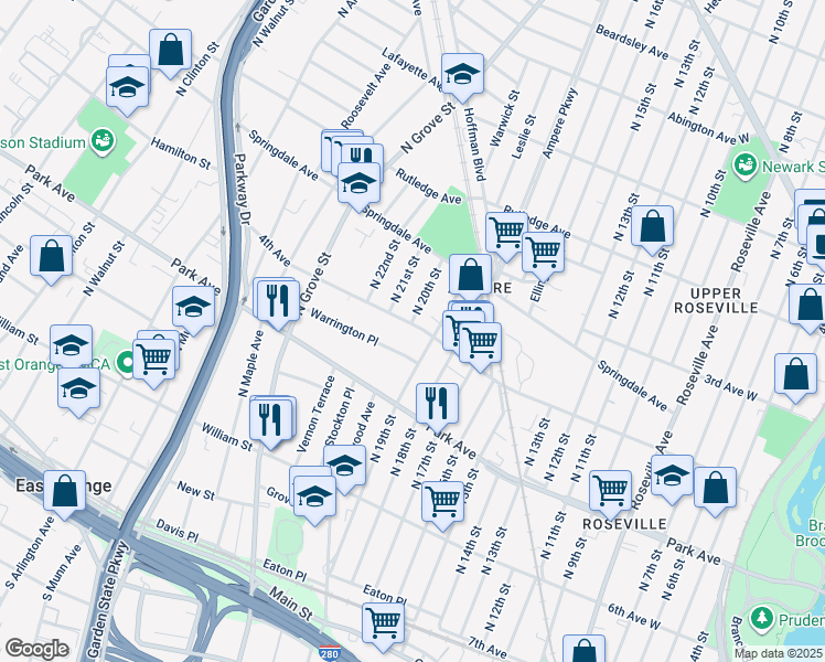 map of restaurants, bars, coffee shops, grocery stores, and more near 123 4th Avenue in East Orange