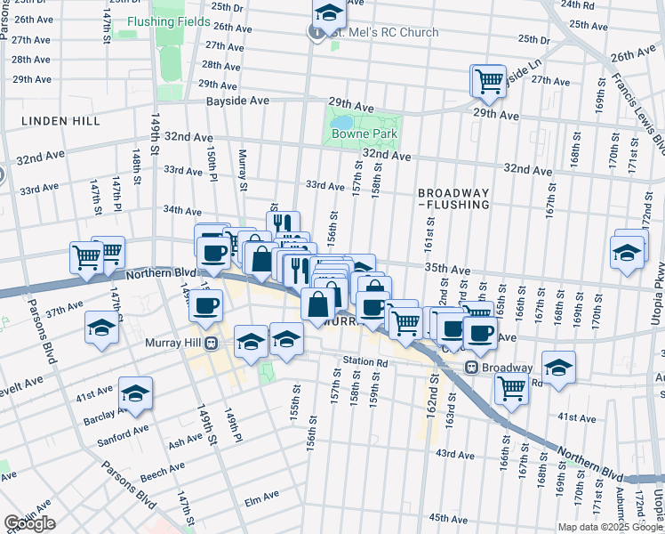 map of restaurants, bars, coffee shops, grocery stores, and more near 35-9 156th Street in Queens