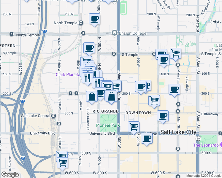 map of restaurants, bars, coffee shops, grocery stores, and more near 342 West 200 South in Salt Lake City