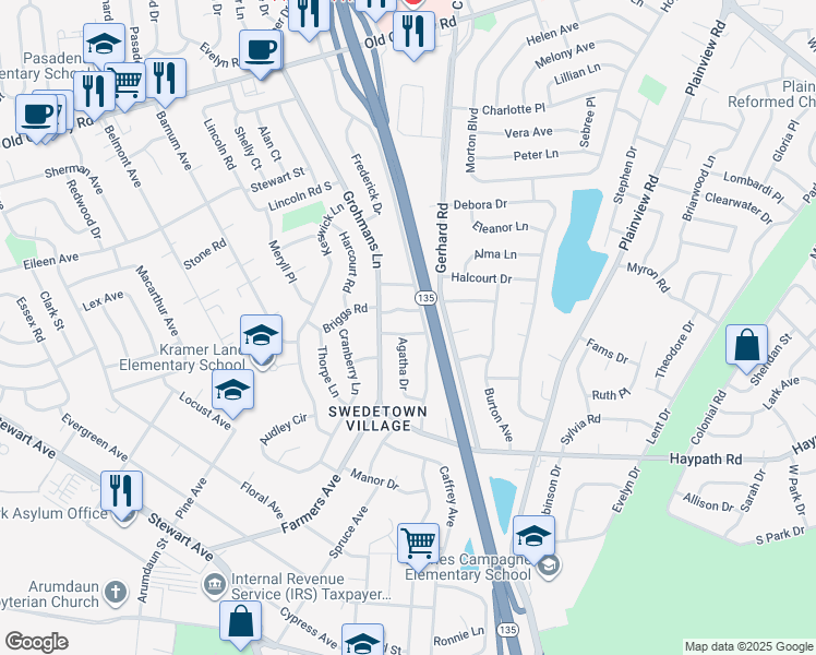 map of restaurants, bars, coffee shops, grocery stores, and more near 12 Barby Lane in Plainview