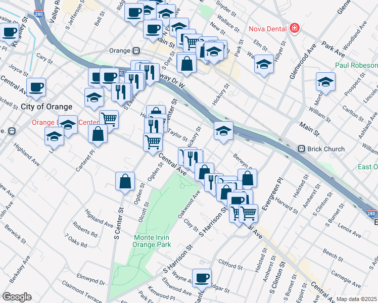 map of restaurants, bars, coffee shops, grocery stores, and more near 154 Chapman Street in City of Orange