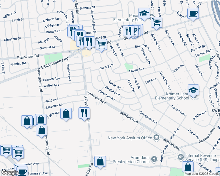map of restaurants, bars, coffee shops, grocery stores, and more near 31 Cheshire Road in Bethpage