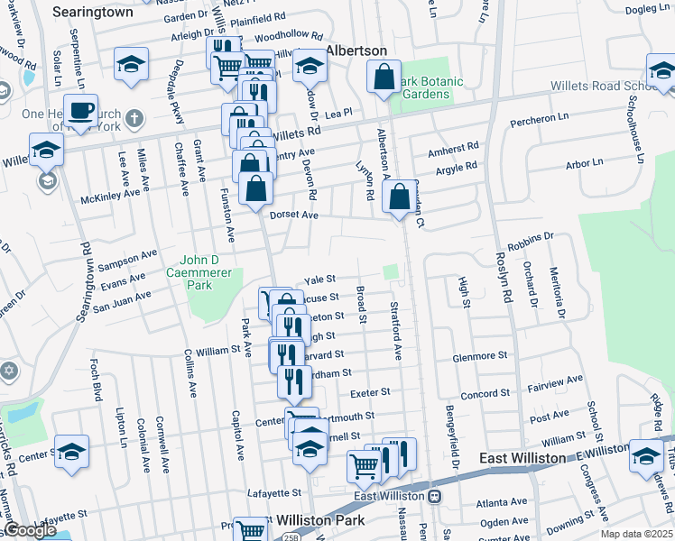 map of restaurants, bars, coffee shops, grocery stores, and more near 77 Yale St in Williston Park