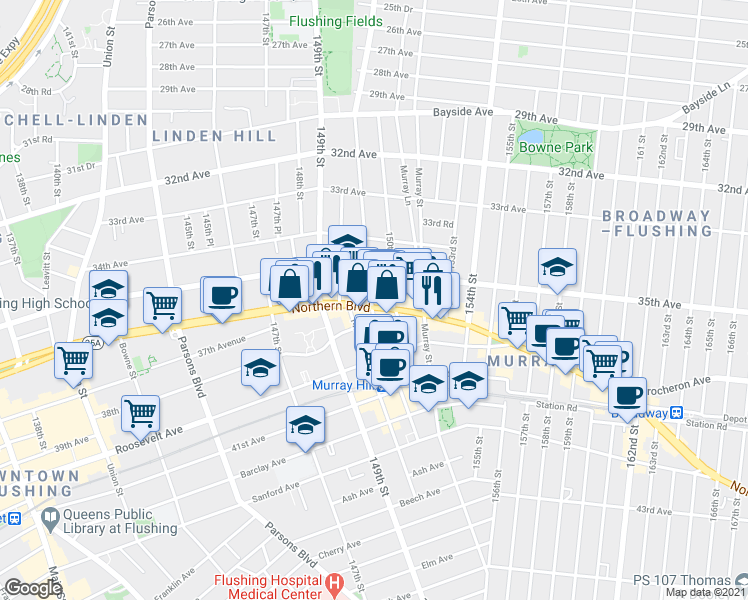 map of restaurants, bars, coffee shops, grocery stores, and more near 150-03 Northern Boulevard in Queens