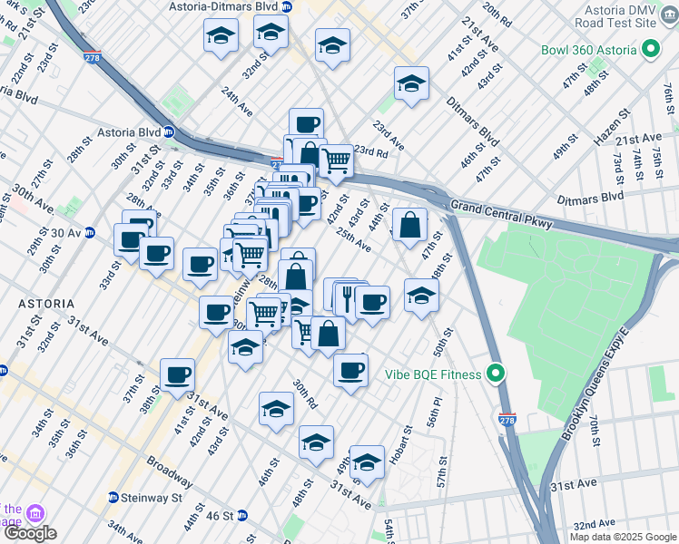 map of restaurants, bars, coffee shops, grocery stores, and more near 25-40 44th Street in Queens