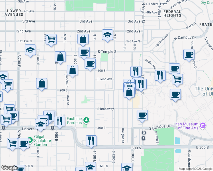 map of restaurants, bars, coffee shops, grocery stores, and more near 1147 East 200 South in Salt Lake City
