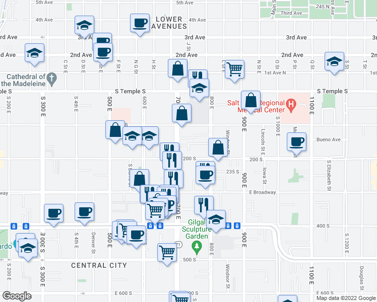 map of restaurants, bars, coffee shops, grocery stores, and more near 150 South 800 East in Salt Lake City