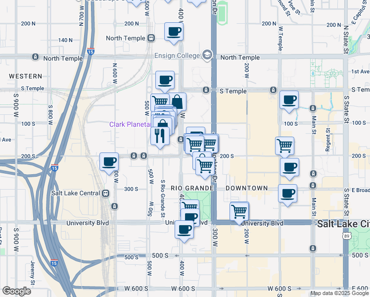 map of restaurants, bars, coffee shops, grocery stores, and more near 360 West 200 South in Salt Lake City
