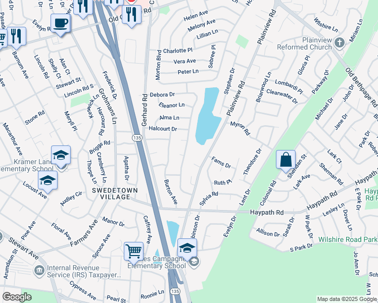map of restaurants, bars, coffee shops, grocery stores, and more near 77 Debora Drive in Plainview