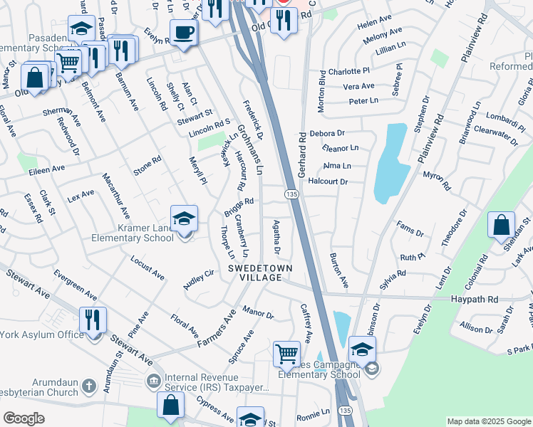 map of restaurants, bars, coffee shops, grocery stores, and more near 100 Grohmans Lane in Plainview