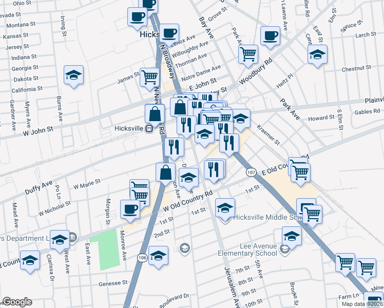 map of restaurants, bars, coffee shops, grocery stores, and more near 63 West Marie Street in Hicksville