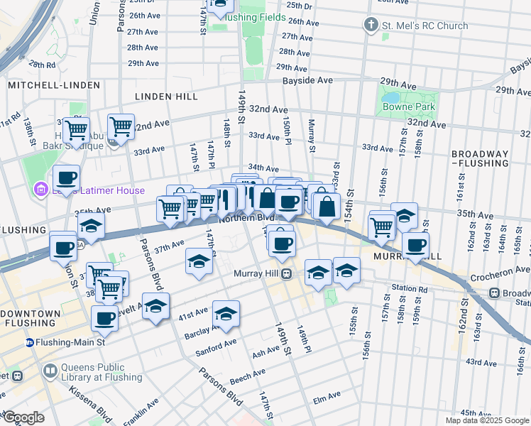 map of restaurants, bars, coffee shops, grocery stores, and more near 35-35 149th Place in Queens