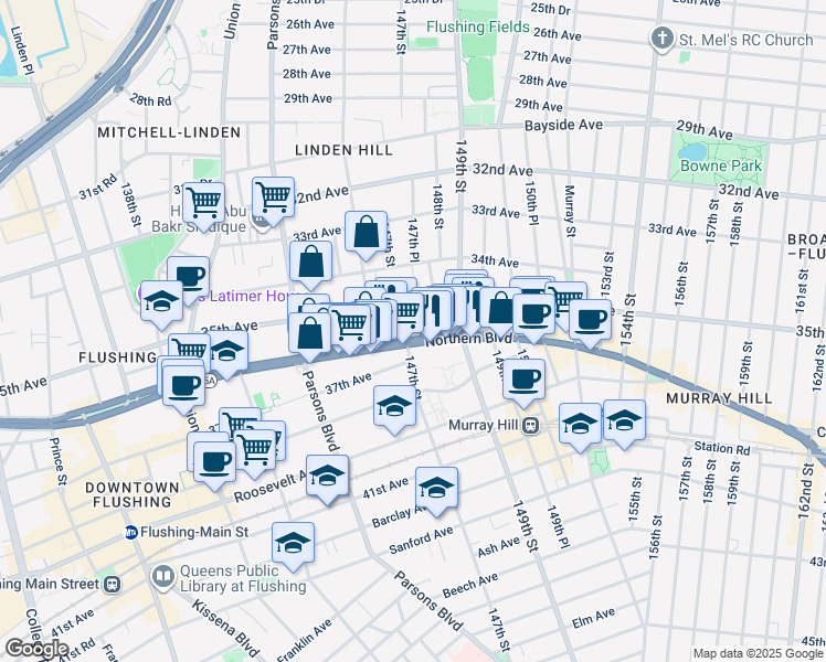 map of restaurants, bars, coffee shops, grocery stores, and more near 146-25 Northern Boulevard in Queens