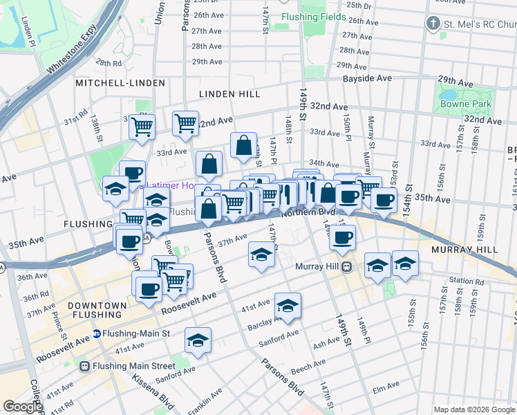 map of restaurants, bars, coffee shops, grocery stores, and more near 146-25 Northern Boulevard in Queens