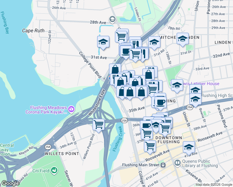 map of restaurants, bars, coffee shops, grocery stores, and more near 33-14 College Point Boulevard in Queens
