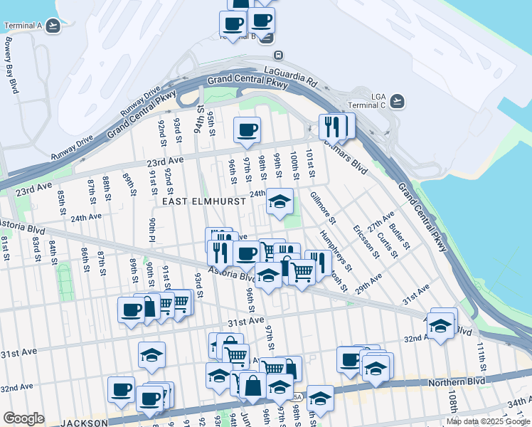map of restaurants, bars, coffee shops, grocery stores, and more near 24-28 98th Street in Queens