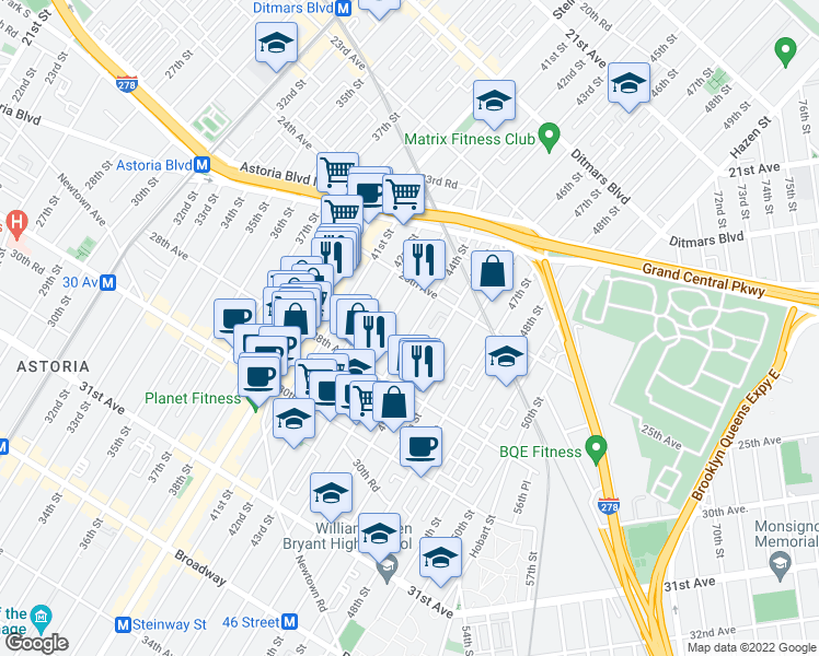 map of restaurants, bars, coffee shops, grocery stores, and more near 25-40 44th Street in Queens