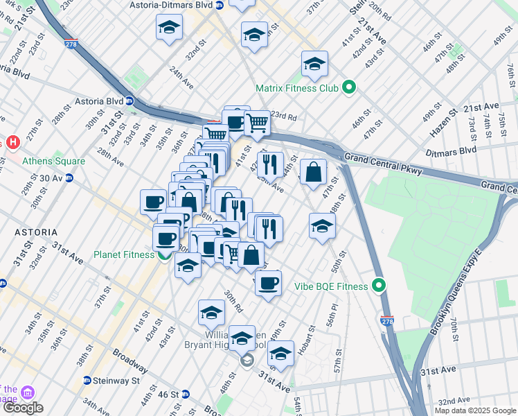 map of restaurants, bars, coffee shops, grocery stores, and more near 25-40 44th Street in Queens