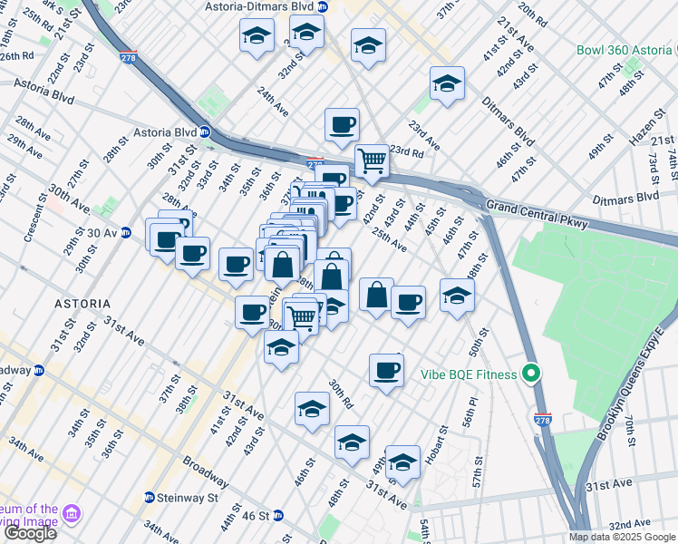 map of restaurants, bars, coffee shops, grocery stores, and more near 25-63 42nd Street in Queens