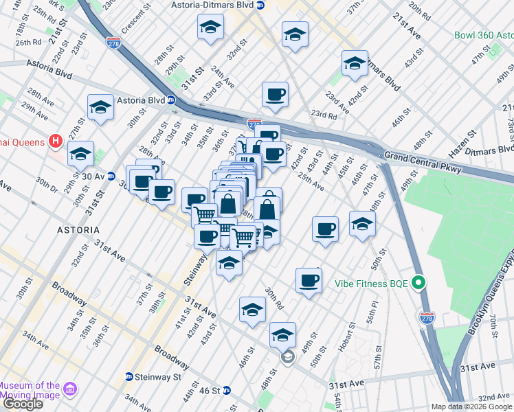 map of restaurants, bars, coffee shops, grocery stores, and more near 25-95 Steinway Street in Queens
