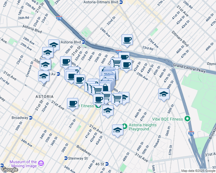 map of restaurants, bars, coffee shops, grocery stores, and more near in Queens