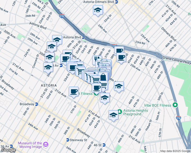 map of restaurants, bars, coffee shops, grocery stores, and more near 28-21 37th Street in Queens