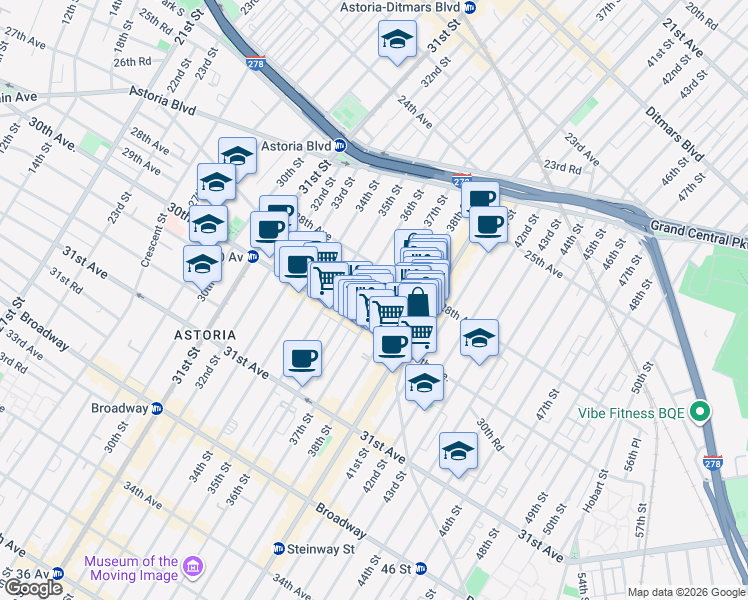 map of restaurants, bars, coffee shops, grocery stores, and more near 28-21 37th Street in Queens