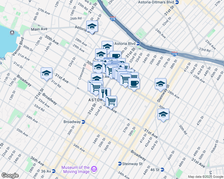 map of restaurants, bars, coffee shops, grocery stores, and more near 30-40 32nd Street in Queens