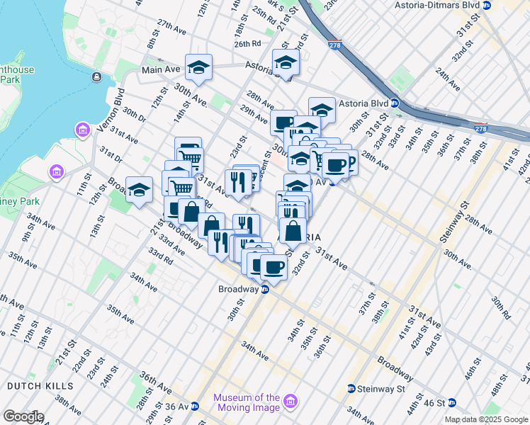 map of restaurants, bars, coffee shops, grocery stores, and more near in Queens