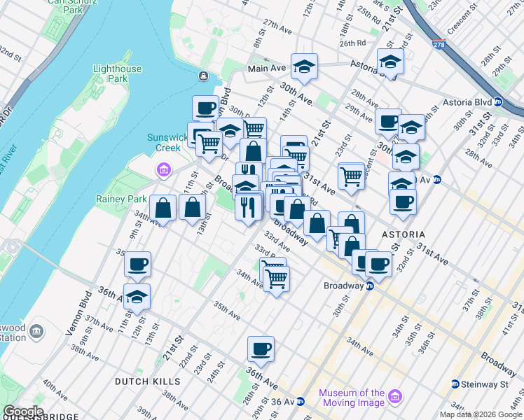 map of restaurants, bars, coffee shops, grocery stores, and more near 14-47 Broadway in Queens