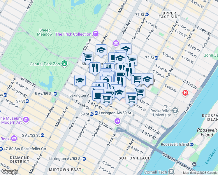 map of restaurants, bars, coffee shops, grocery stores, and more near 140 East 65th Street in New York