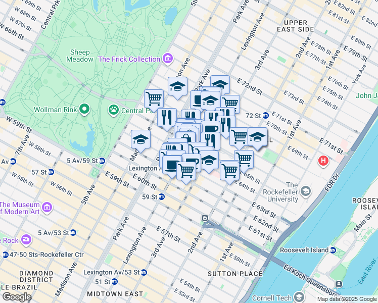 map of restaurants, bars, coffee shops, grocery stores, and more near 140 East 65th Street in New York