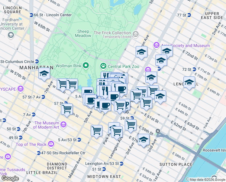 map of restaurants, bars, coffee shops, grocery stores, and more near 10 East 62nd Street in New York