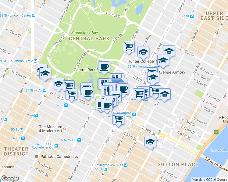 map of restaurants, bars, coffee shops, grocery stores, and more near 10 East 62nd Street in New York