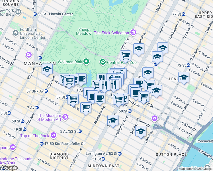 map of restaurants, bars, coffee shops, grocery stores, and more near 10 East 62nd Street in New York