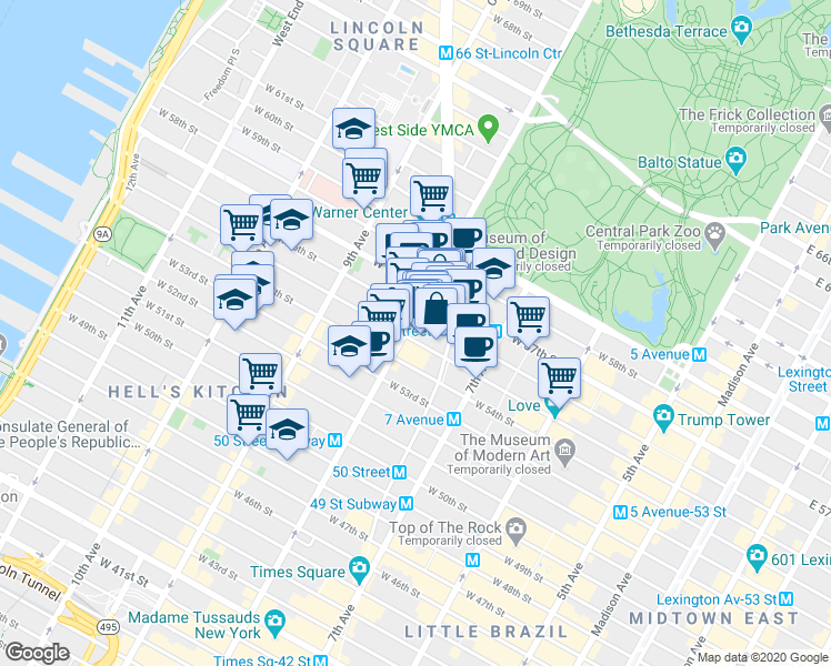 map of restaurants, bars, coffee shops, grocery stores, and more near 235 West 55th Street in New York