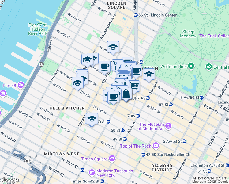 map of restaurants, bars, coffee shops, grocery stores, and more near 304 West 55th Street in New York