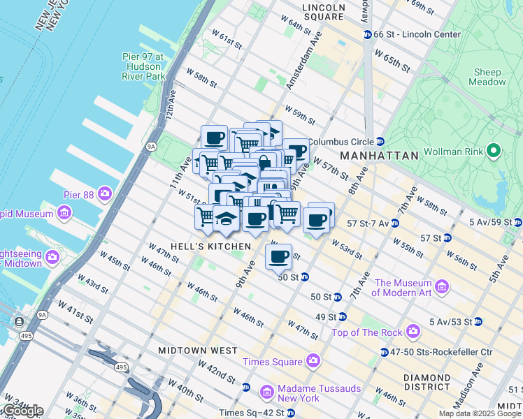 map of restaurants, bars, coffee shops, grocery stores, and more near 440 West 53rd Street in New York