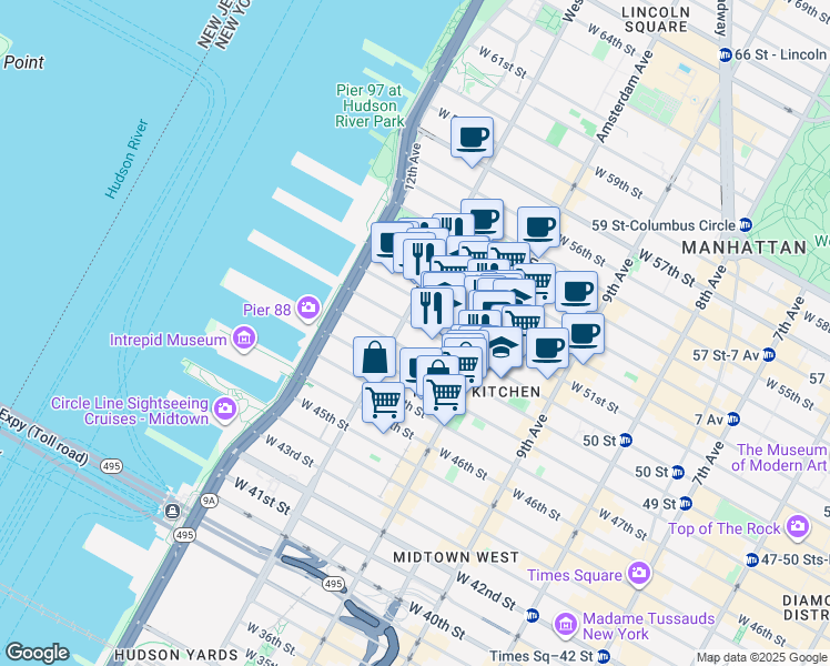 map of restaurants, bars, coffee shops, grocery stores, and more near 533 West 50th Street in New York