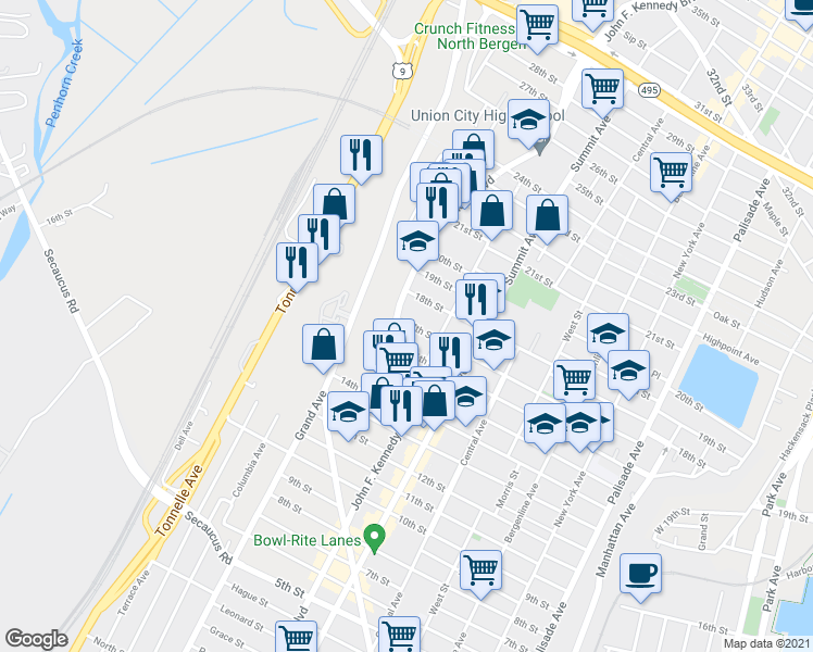 map of restaurants, bars, coffee shops, grocery stores, and more near 918 17th Street in Union City