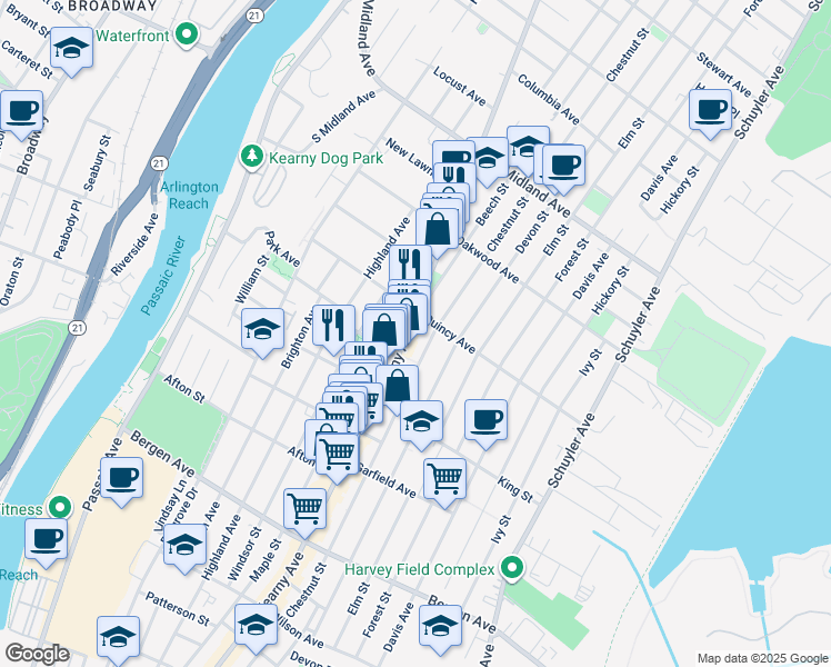 map of restaurants, bars, coffee shops, grocery stores, and more near 425 Kearny Avenue in Kearny