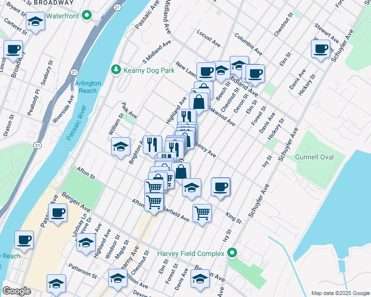 map of restaurants, bars, coffee shops, grocery stores, and more near 425 Kearny Avenue in Kearny