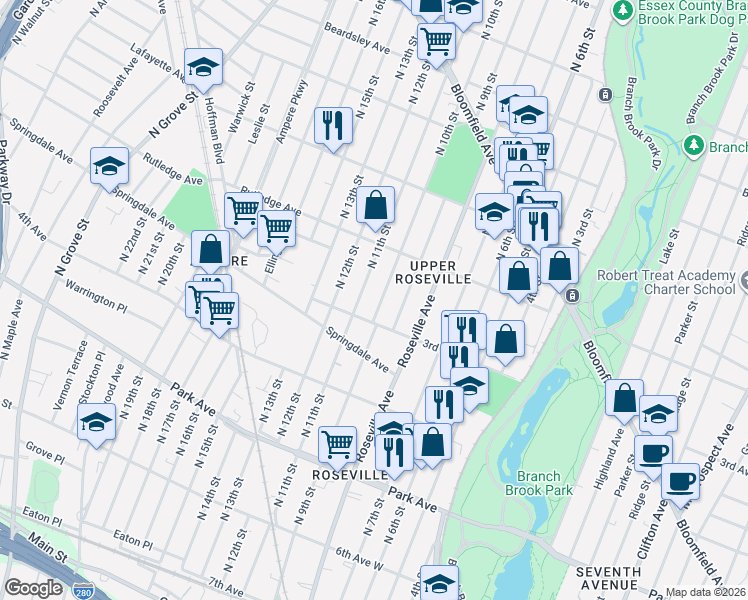 map of restaurants, bars, coffee shops, grocery stores, and more near 299 North 11th Street in Newark