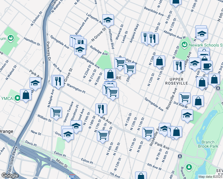map of restaurants, bars, coffee shops, grocery stores, and more near in East Orange