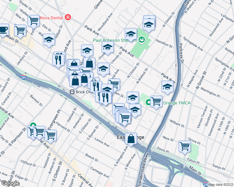 map of restaurants, bars, coffee shops, grocery stores, and more near 426 William Street in East Orange