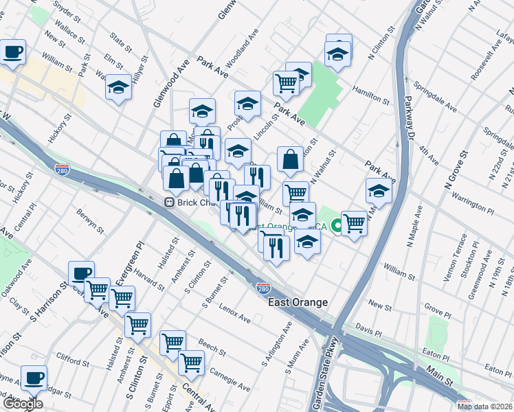 map of restaurants, bars, coffee shops, grocery stores, and more near 23 North Clinton Street in East Orange